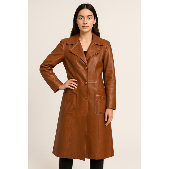 24K Leather by Dan di modes Jackets & Blazers - Vintage 70s Caramel Brown Genuine Leather Long Coat Women's Trench Retro 12 Edgy